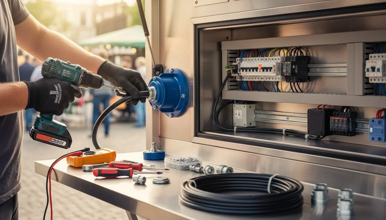 Nærbillede af installation af kraftstik og eltavle i en foodtruck med værktøj og kabler.