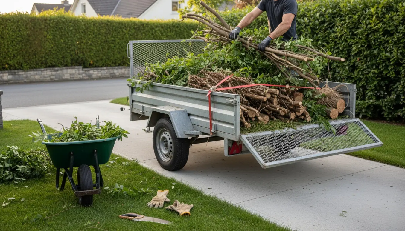 Trailer og værktøj med beskårne buske og gammel hæk klar til bortkørsel i en villahave.