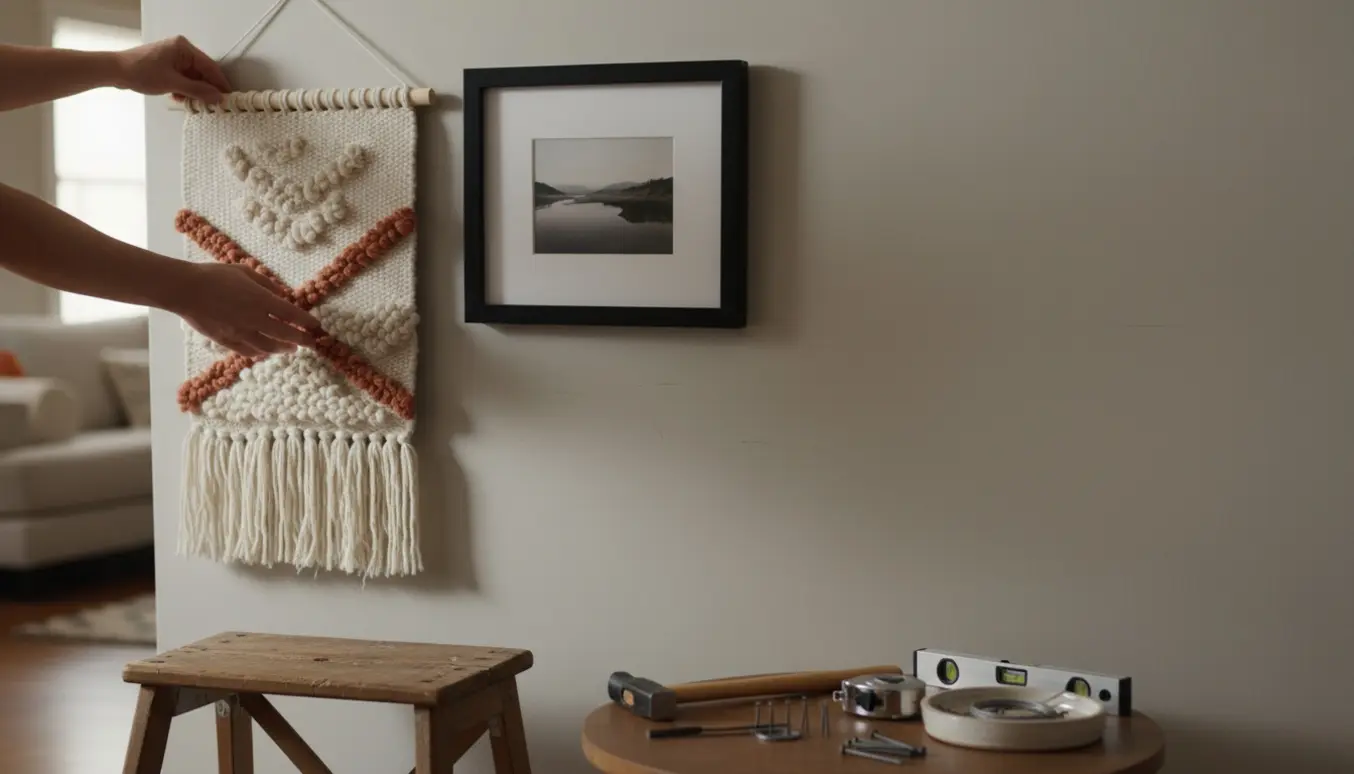 Hænder hænger et indrammet billede og et uldtæppe op på en væg med hammer og målebånd.