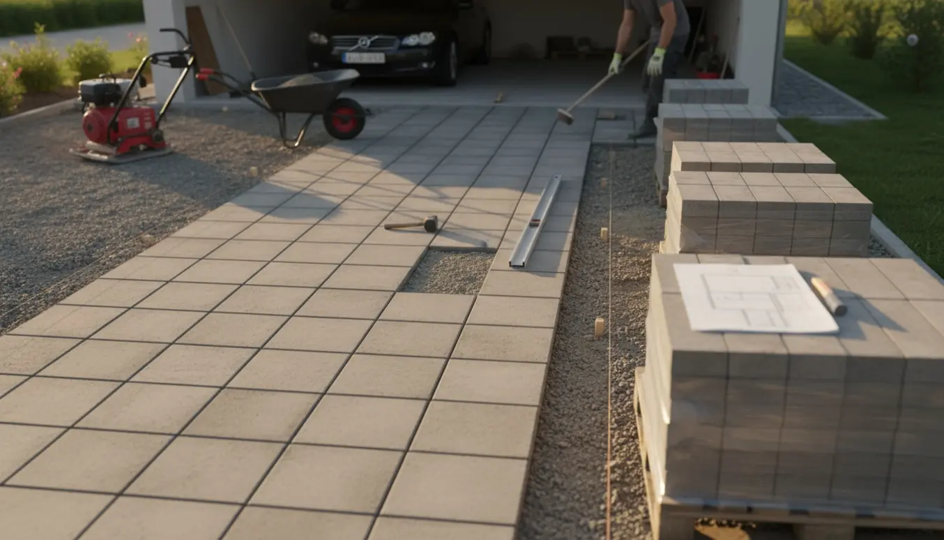 Nylagte 50x50 cm betonfliser i carport og indkørsel med værktøj og stakke af fliser i blødt eftermiddagslys.