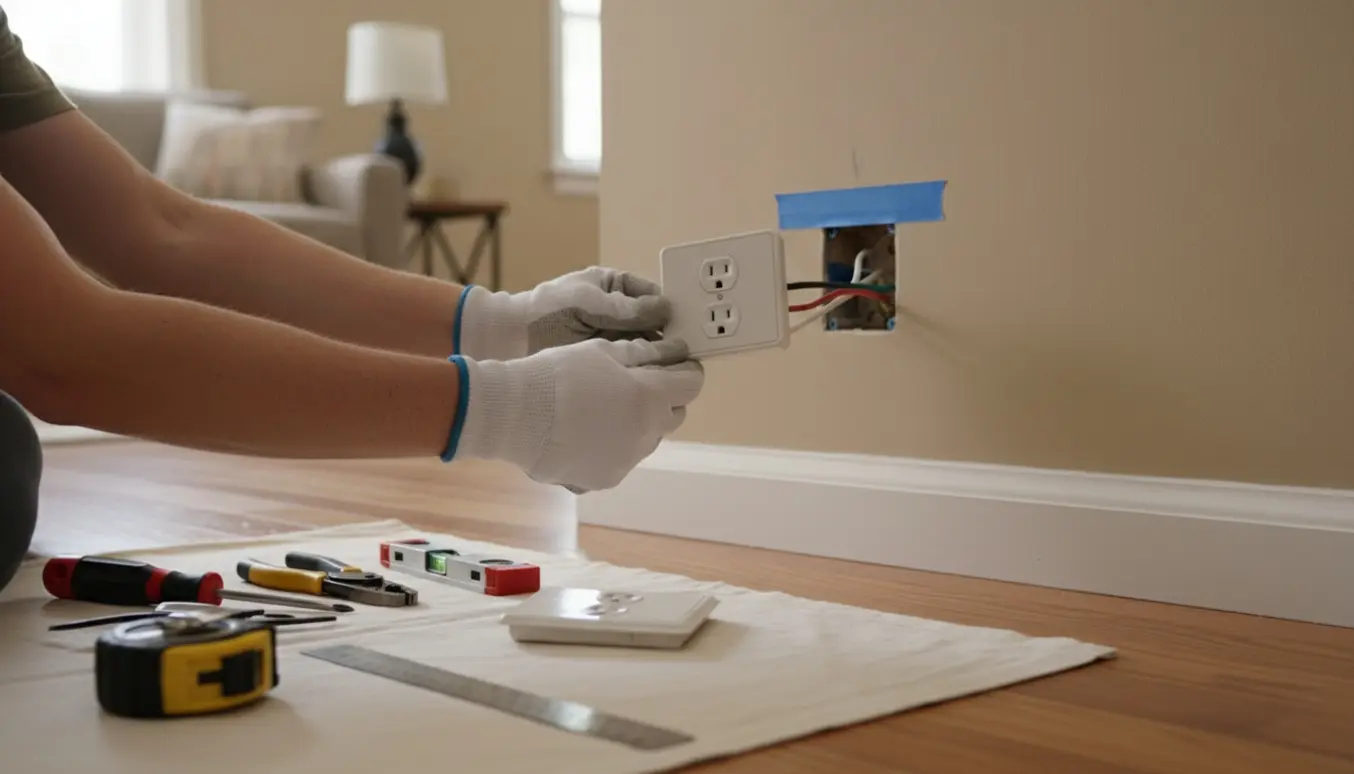 Hænder justerer en stikkontakt på en væg med markering og værktøj klar til at flytte den tre centimeter til højre.