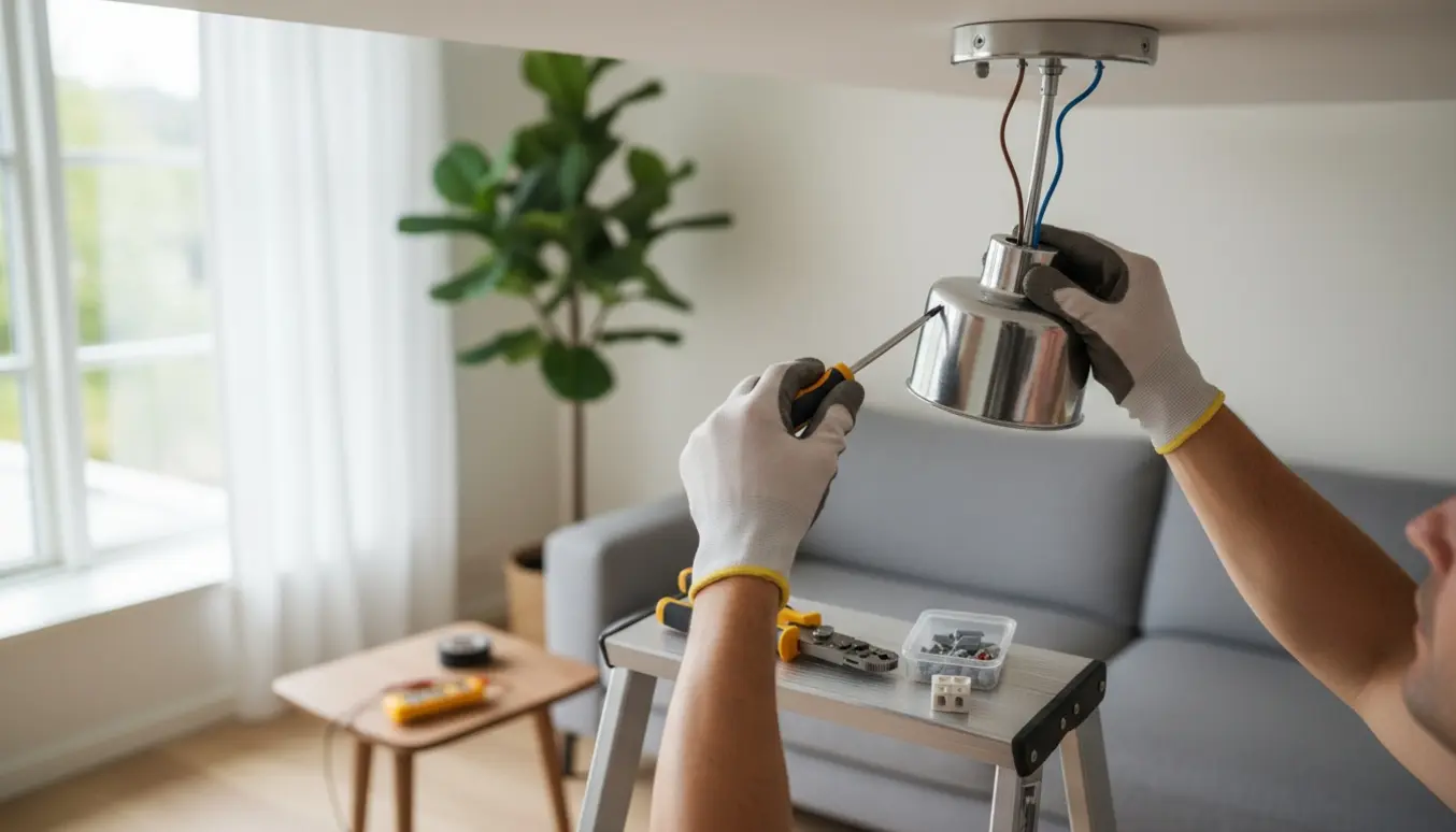 En person monterer en loftslampe på en stige i en lys, moderne stue.
