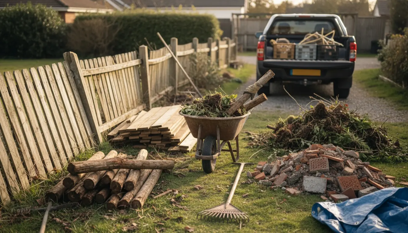 Udendørs oprydningsscene med rådnede hegnspæle, byggeaffald og haveredskaber klar til bortkørsel.