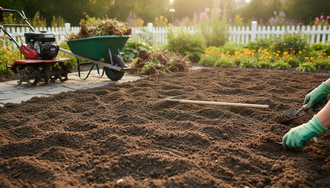 Fræset blomsterbed med revet jord, handsker og en trillebør fyldt med haveaffald.