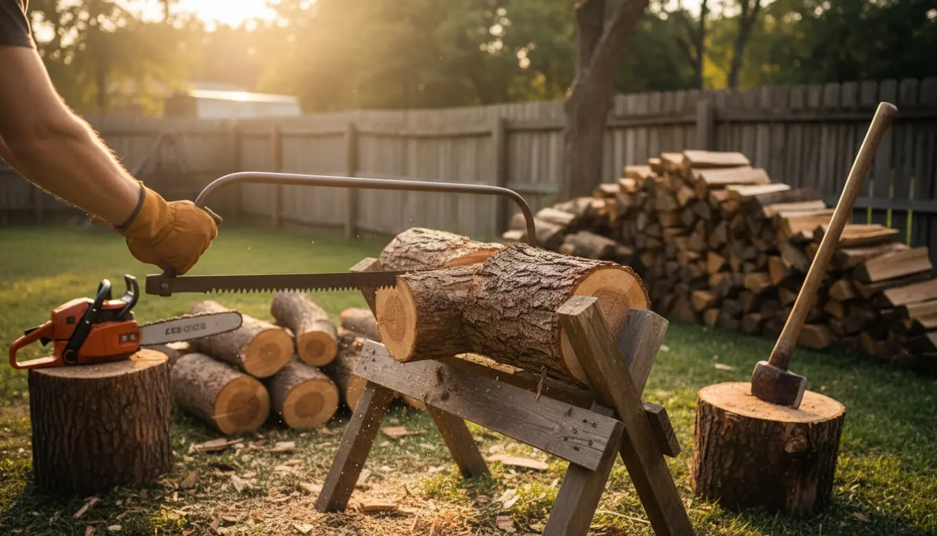 Hænder saver træ på en savhest med tre små bunker og en stak kløvet brænde i baggrunden.