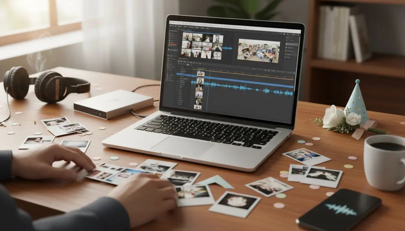 Et bord med en bærbar, spredte fotos og hænder, der laver en festlig fotofilm til en konfirmation.