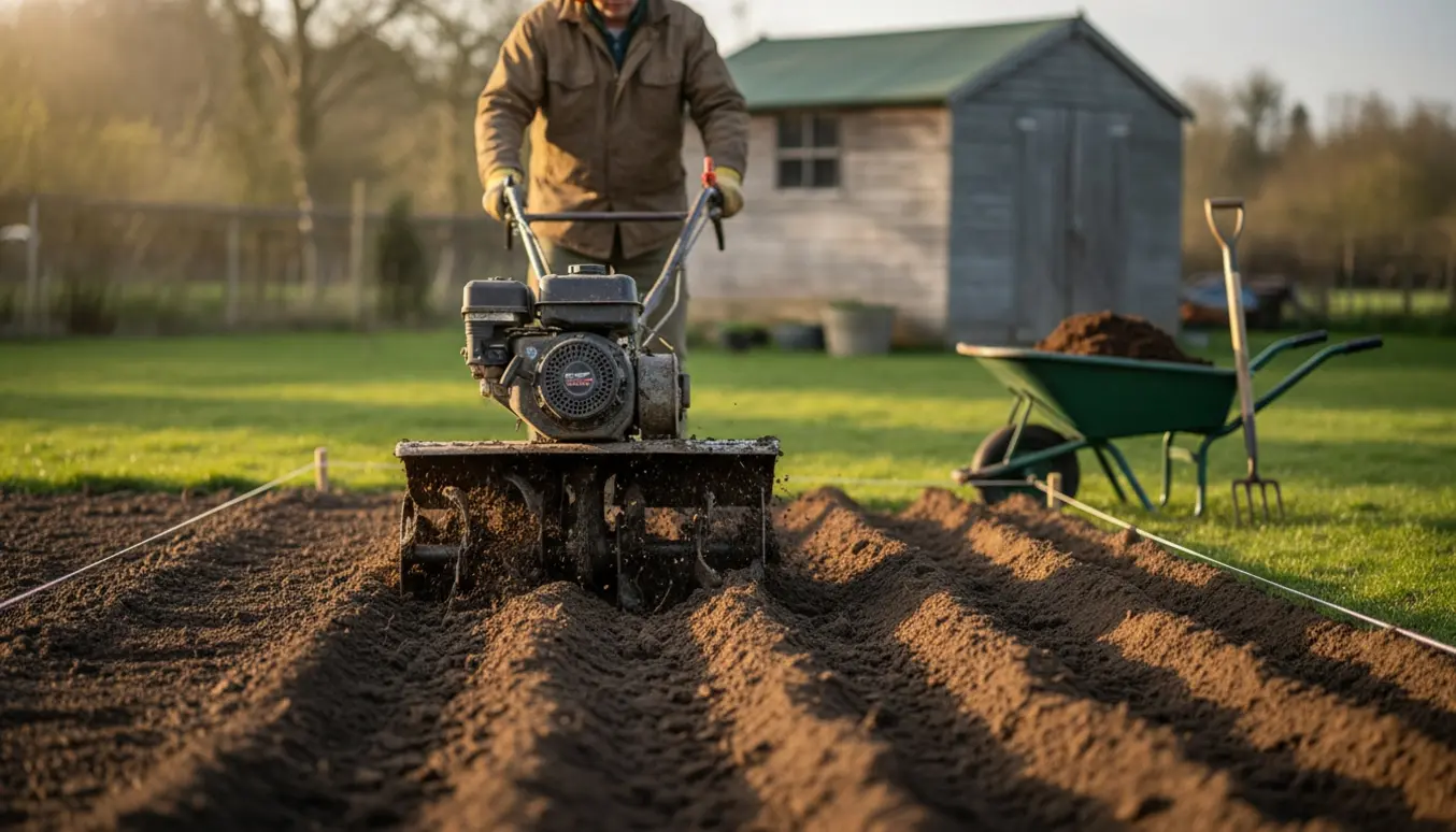Gårdsfræser vender jord i et afgrænset bed i en have klar til såning.