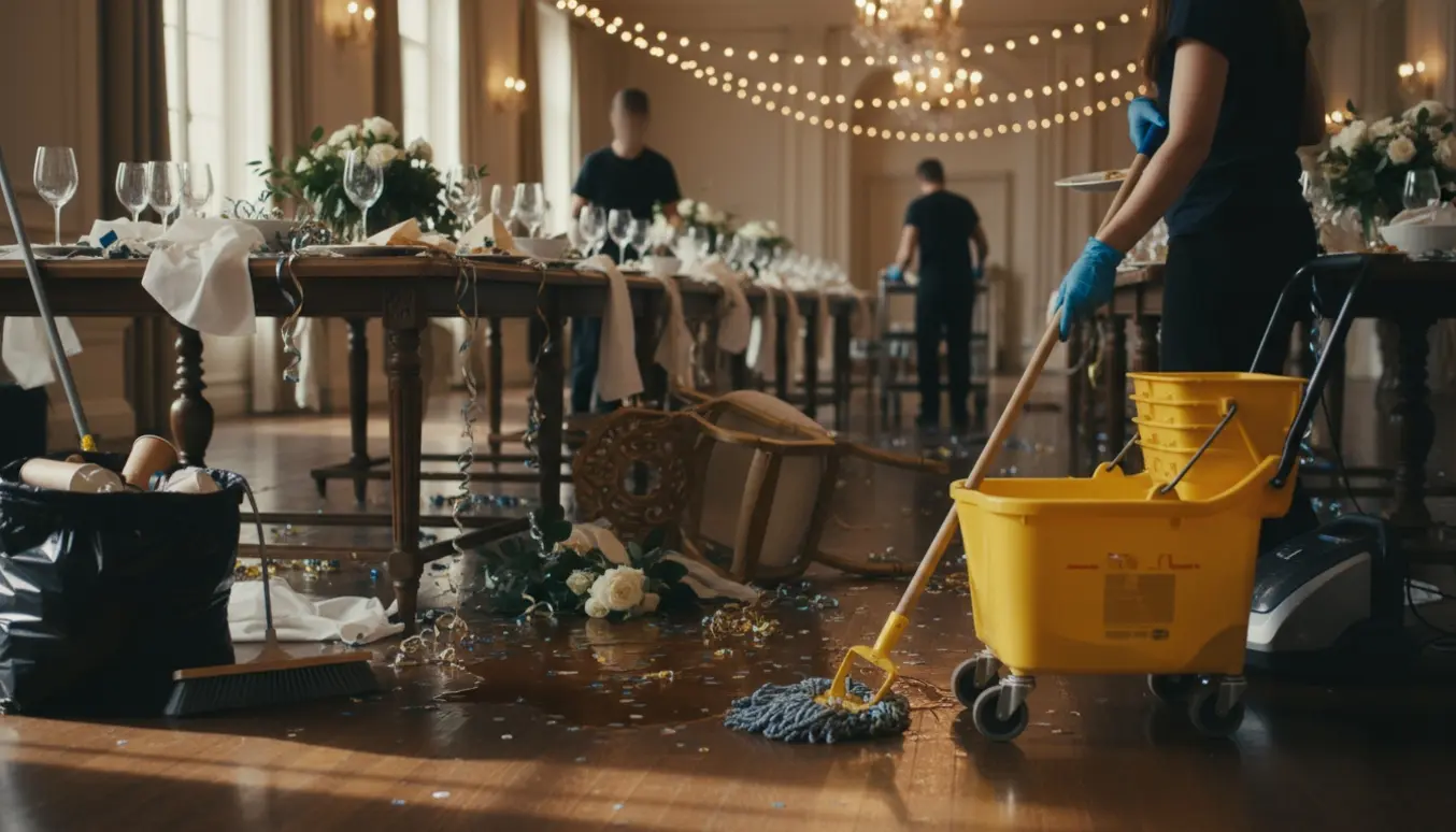 Rengøringsperson i gule handsker mopper gulvet og samler affald i et selskabslokale efter en fest.