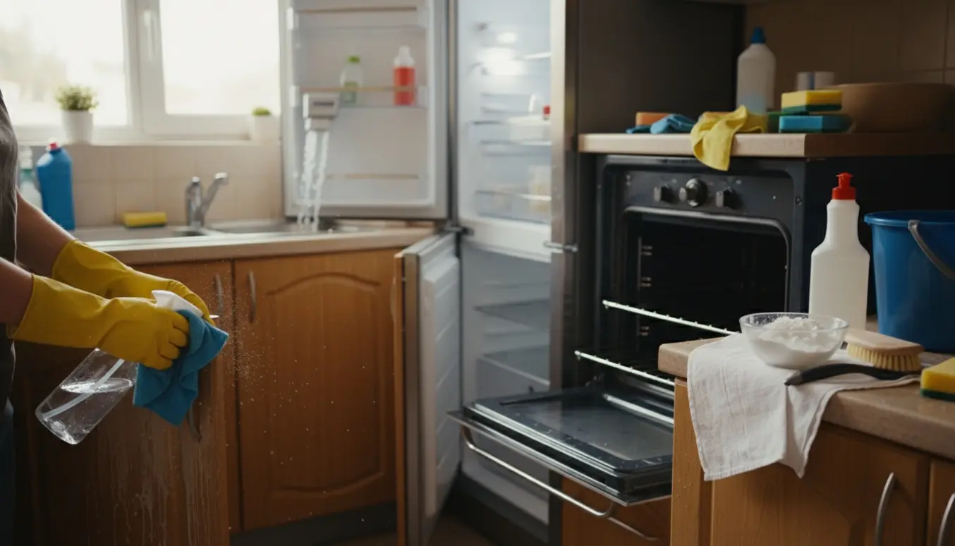 Grundig rengøring af et meget beskidt køkken med aftørring af skabe, køleskab og ovn.