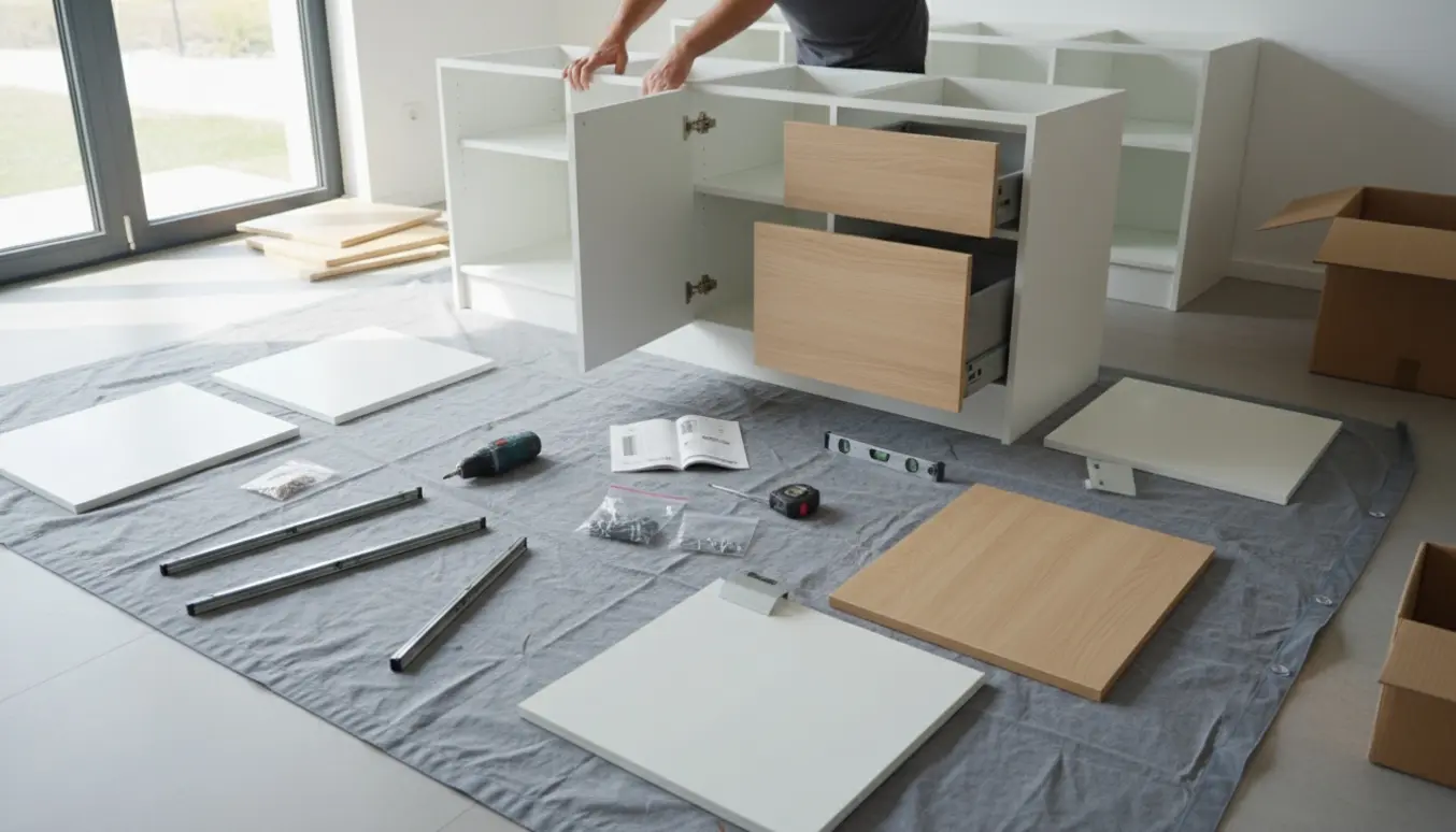 Fire uindpakkede køkkenelementer og værktøj klar til at samle en lille køkkenø i et lyst køkken.