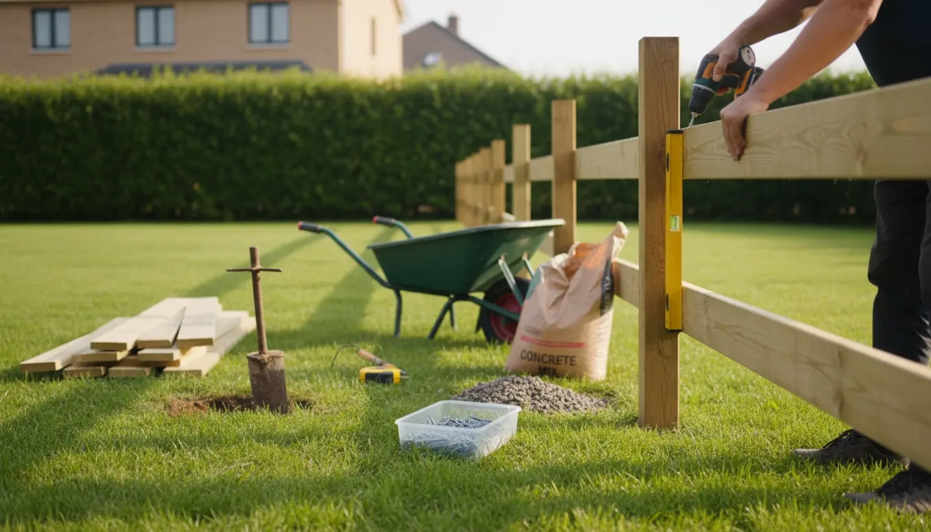 Nærbillede af montering af træhegn langs en græsplæne med værktøj og paneler klar.