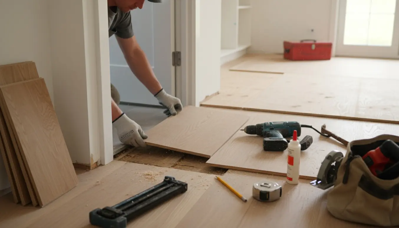 Reparation af gyngende gulv i entré ved badeværelse med udskiftning af plade til matchende gulvbrædder og værktøj klar.