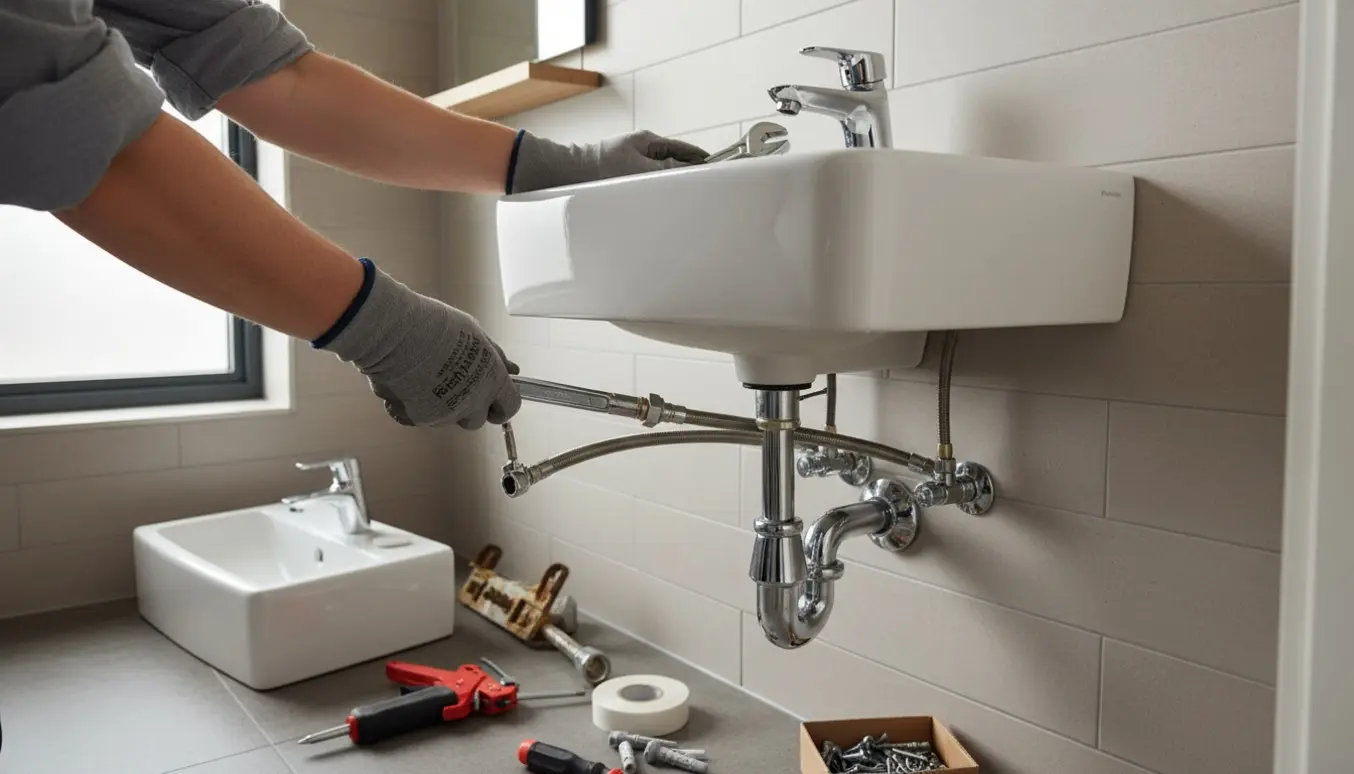 Hænder monterer en ny væghængt håndvask i et lille gæstetoilet med synligt værktøj og tilslutninger.