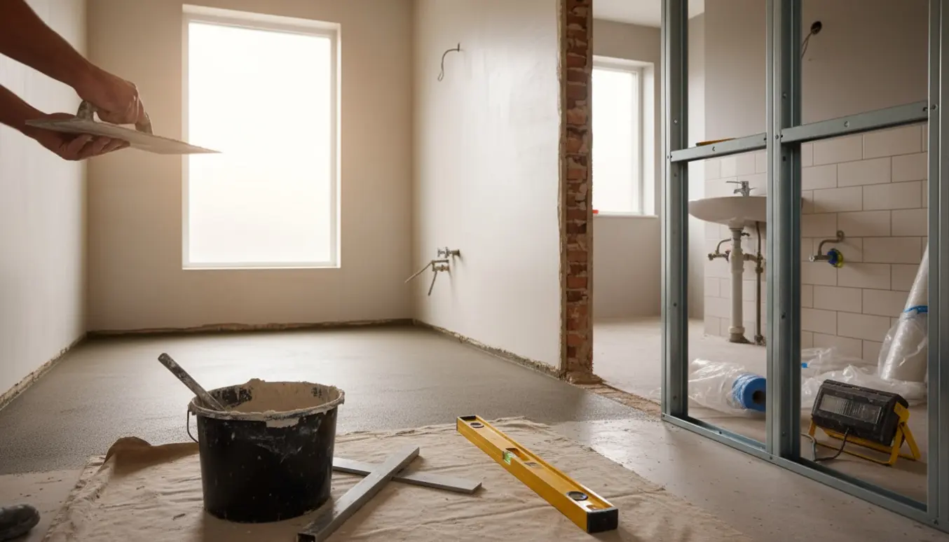 Badeværelse under renovering med håndværkerhænder, nypudset væg, udjævnet gulv og et ombygget dørhul.