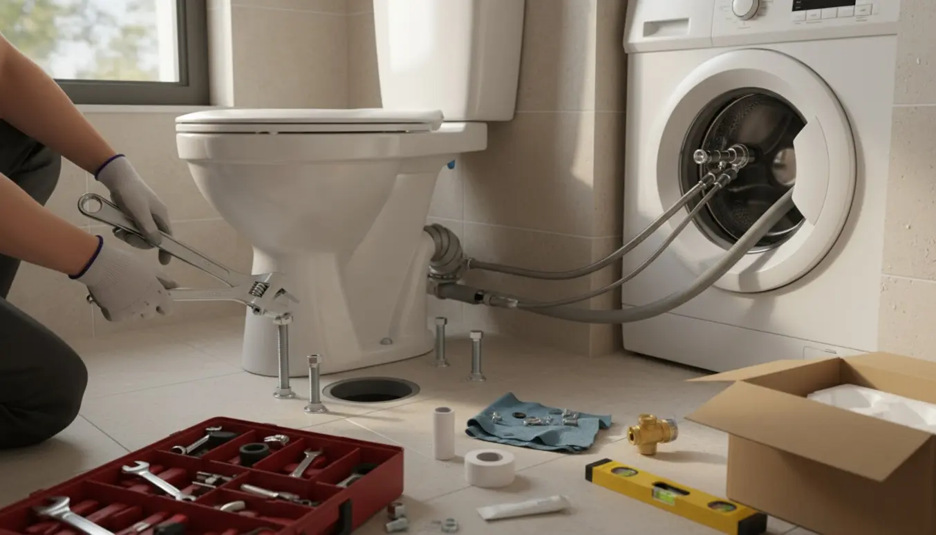 Håndværker tilslutter nyt toilet og lille vaskemaskine i et badeværelse.