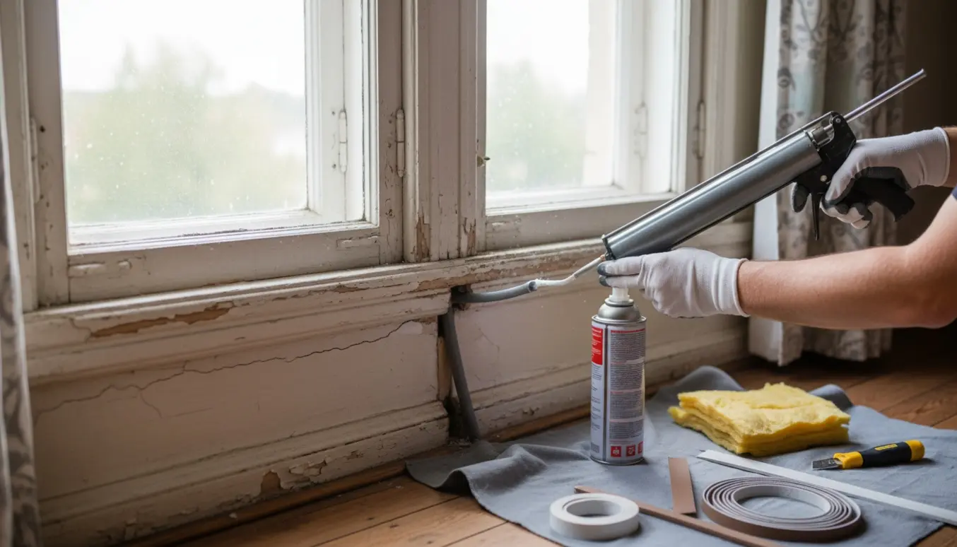 Hænder isolerer rundt om et gammelt karnapvindue med fugepistol og isoleringsmaterialer.