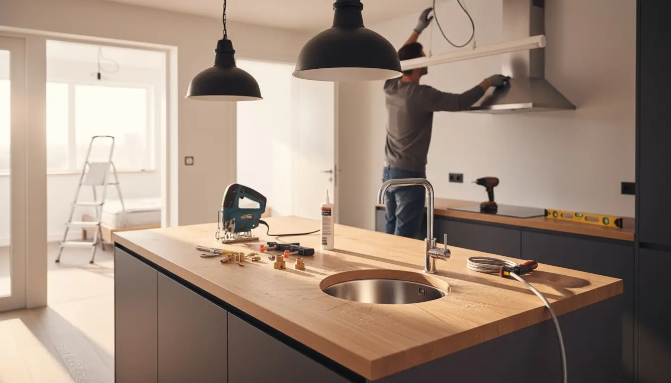 Køkken under renovering med ny bordplade udskåret til vask, hængende lampearmaturer og montører på stiger.