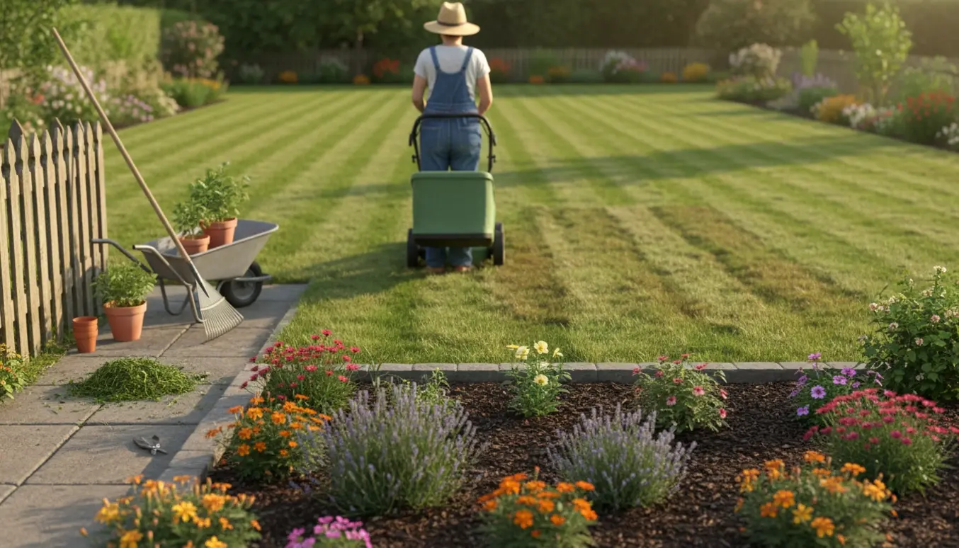 Person slår græs i for- og baghaven med en plæneklipper med opsamler i blødt eftermiddagslys.