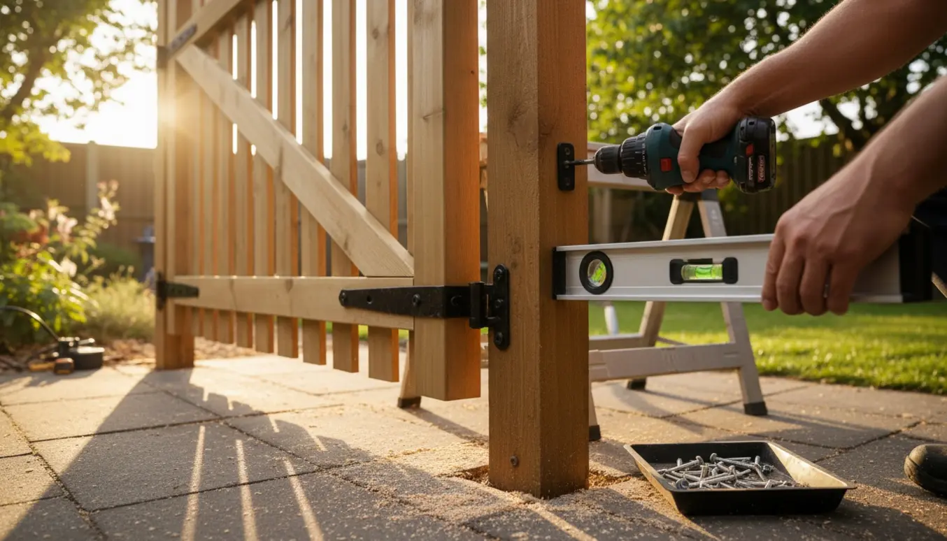 Træ-havelåge under montering i baghave med hængsler og værktøj.