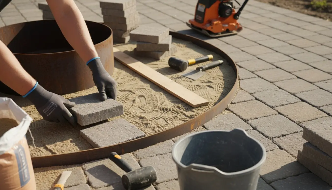 Udlægning af fliser inden for en stålkant ved et bålsted med værktøj og bunker af sand og fliser.