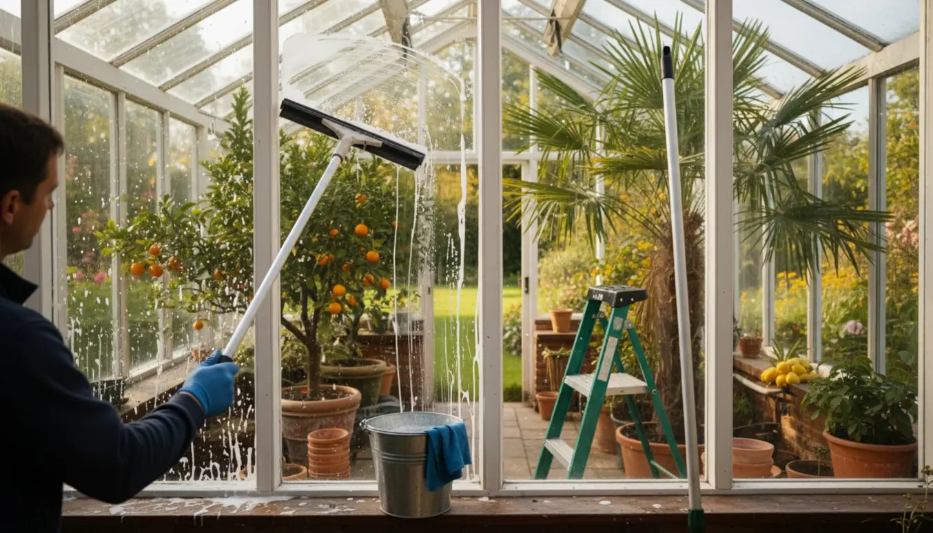 Hænder pudser orangeris vindue med vinduesskraber og spand, så ruderne bliver klare og afslører frodige citrusplanter.