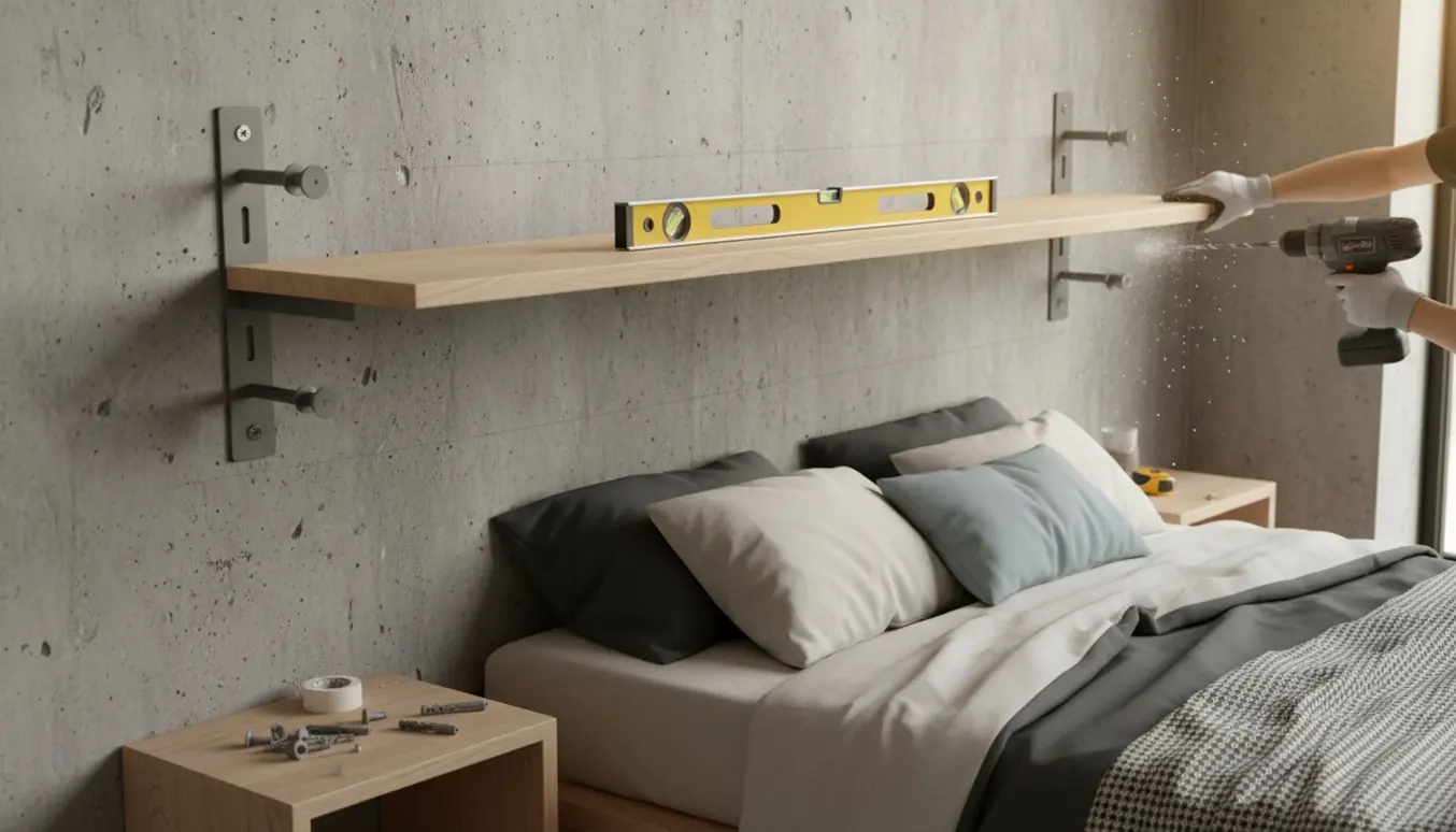 Lang IKEA-hylde monteres over en seng på en rå betonvæg med to hyldeknægte.