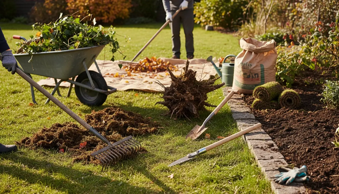 Hænder og haveredskaber rydder bed, fjerner efeu, mos og ukrudt og forbereder jorden til ny græsplæne.