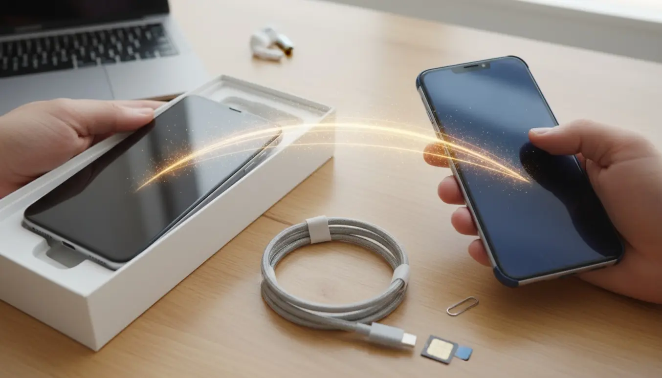 Ny telefon og gammel telefon på et bord med kabler og SIM-værktøj, dataoverførsel antydet med lys.