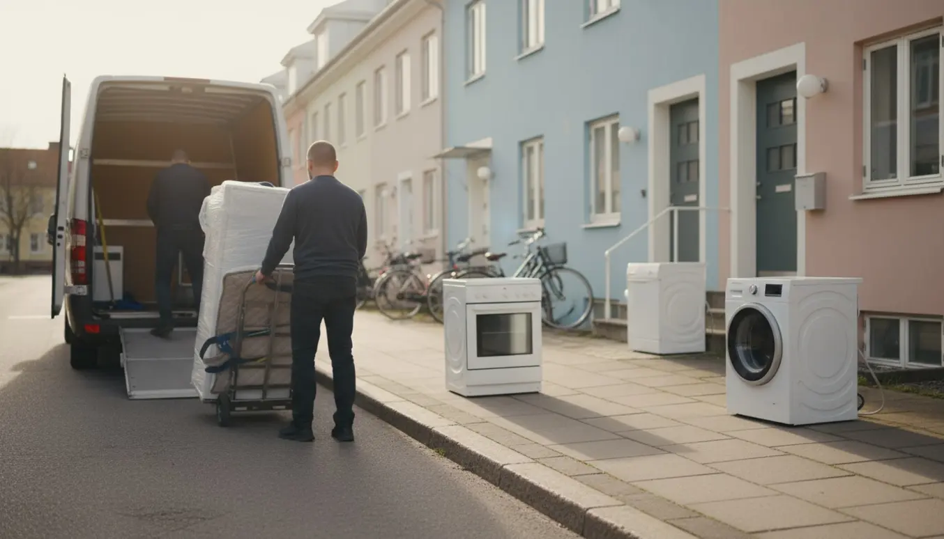 Tre hvidevarer — køleskab, komfur og vaskemaskine — på fortovet ved en åben flyttevogn, to personer ruller en indpakket køleskab på en sækkevogn.