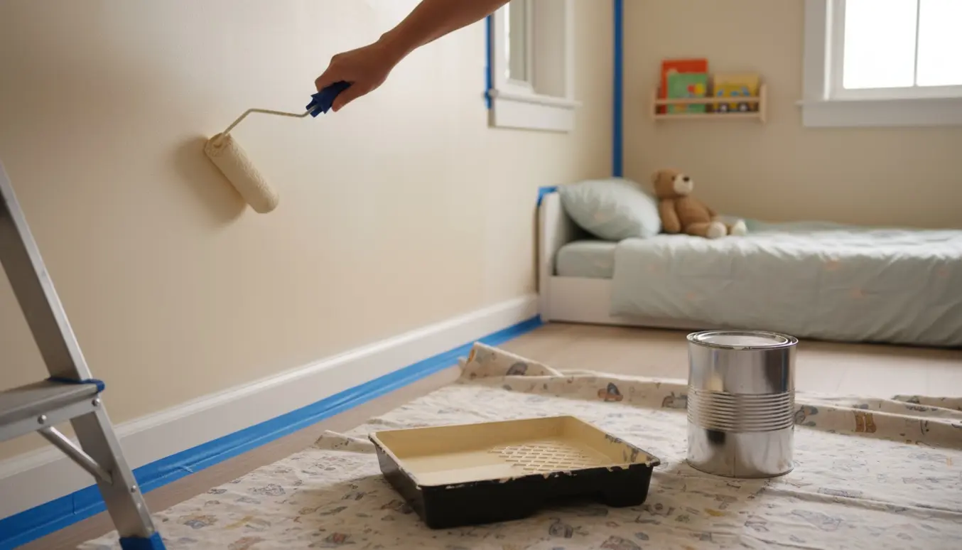 Børneværelse hvor væggene males cremefarvede med malerrulle, malerbøtte og afdækningspresenning.