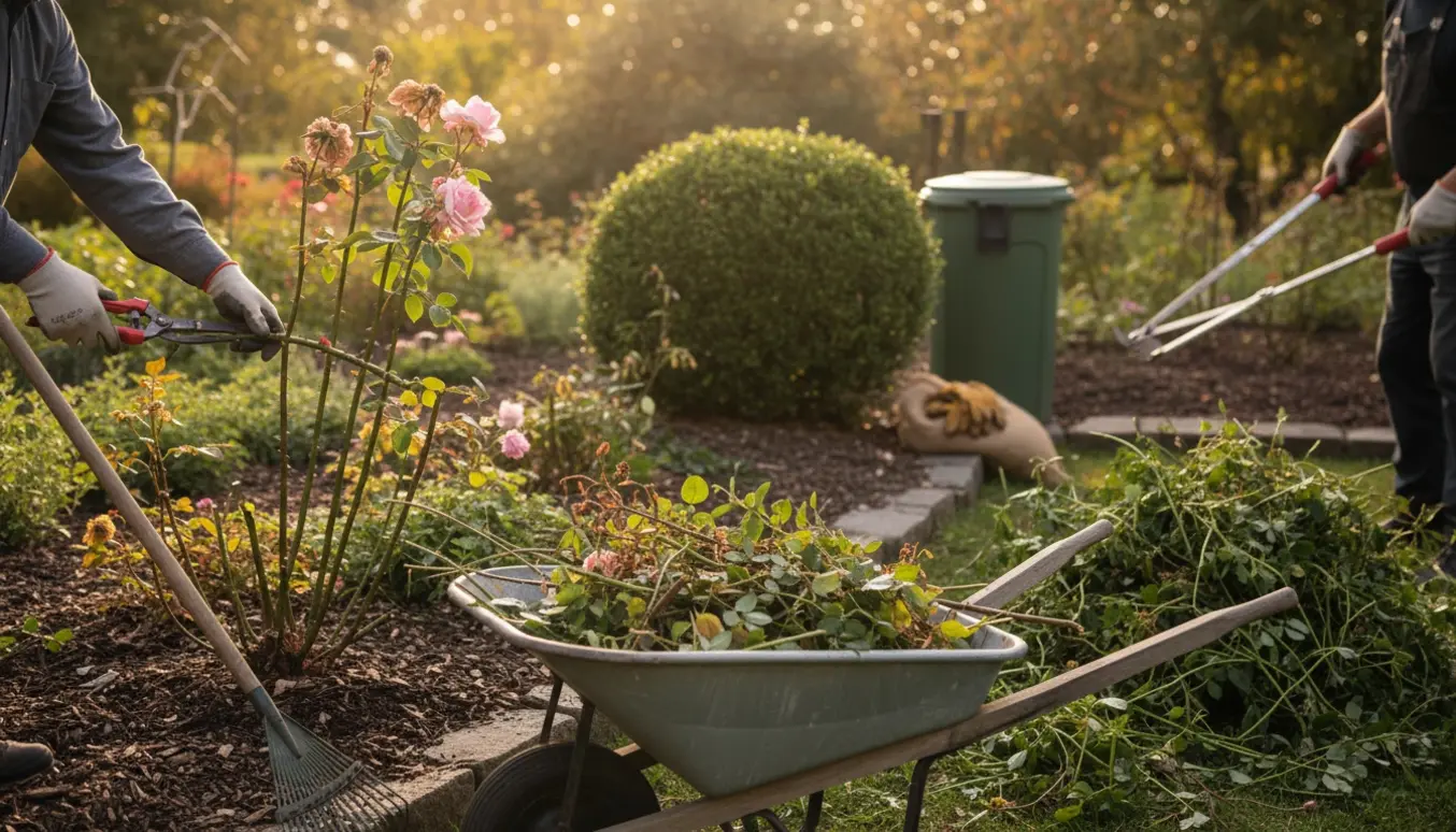 Havearbejde med beskæring af roser og buske, fjernelse af visne stauder og samlet haveaffald i en trillebør.