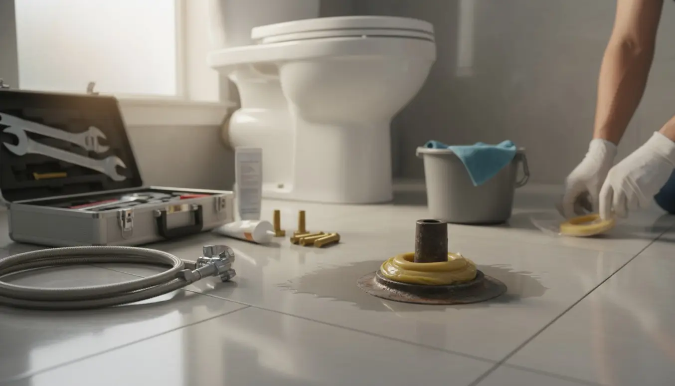 Nyt toilet og værktøj klar til montering ved det fjernede toilet og en våd flise omkring afløbsflangen.