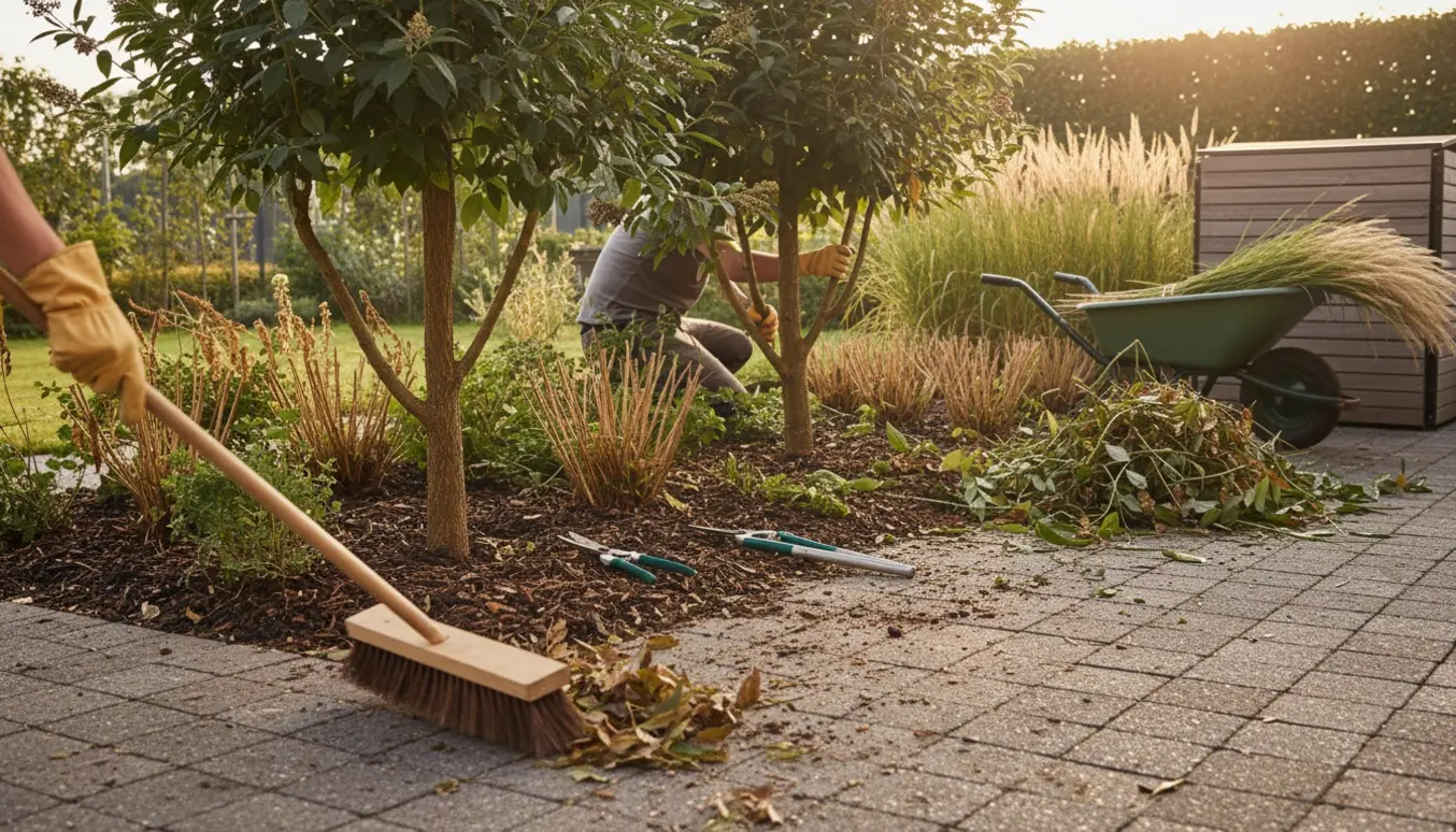 Havearbejde med beskæring af sommerfuglebuske, nedklipning af elefantgræs og fejning af fliser i et staudebed.