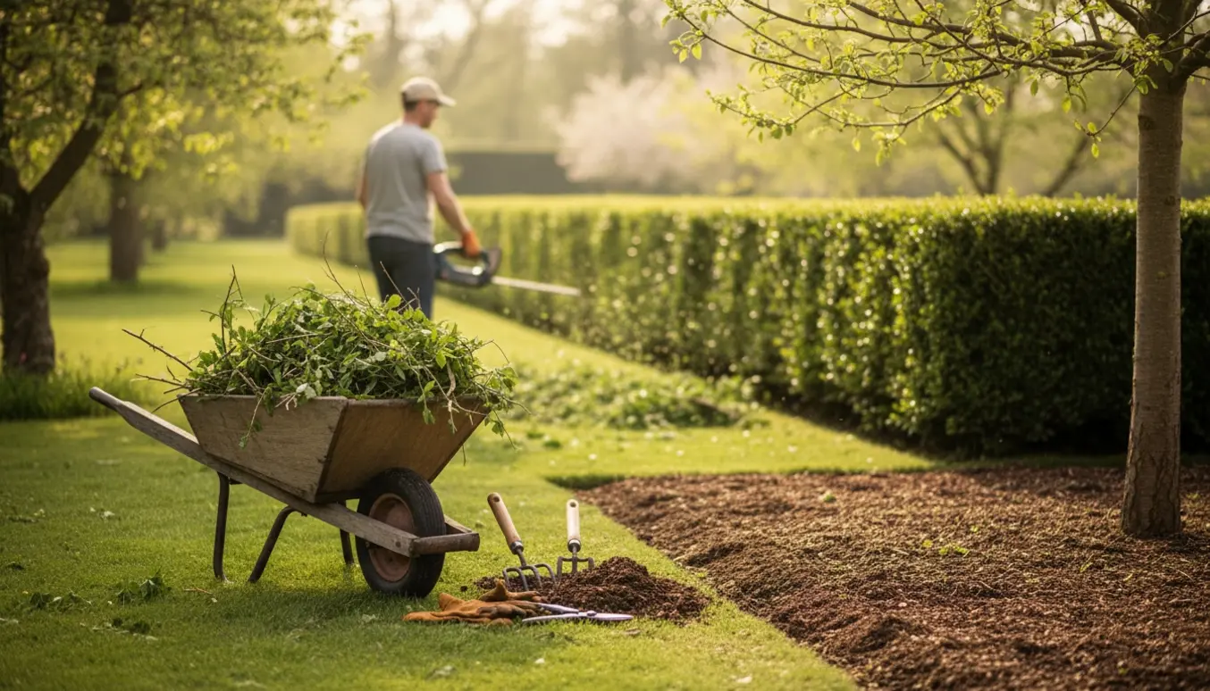 Forårshave med nyklippet lang hæk, ordnede bede, trillebør med afklip og haveredskaber.