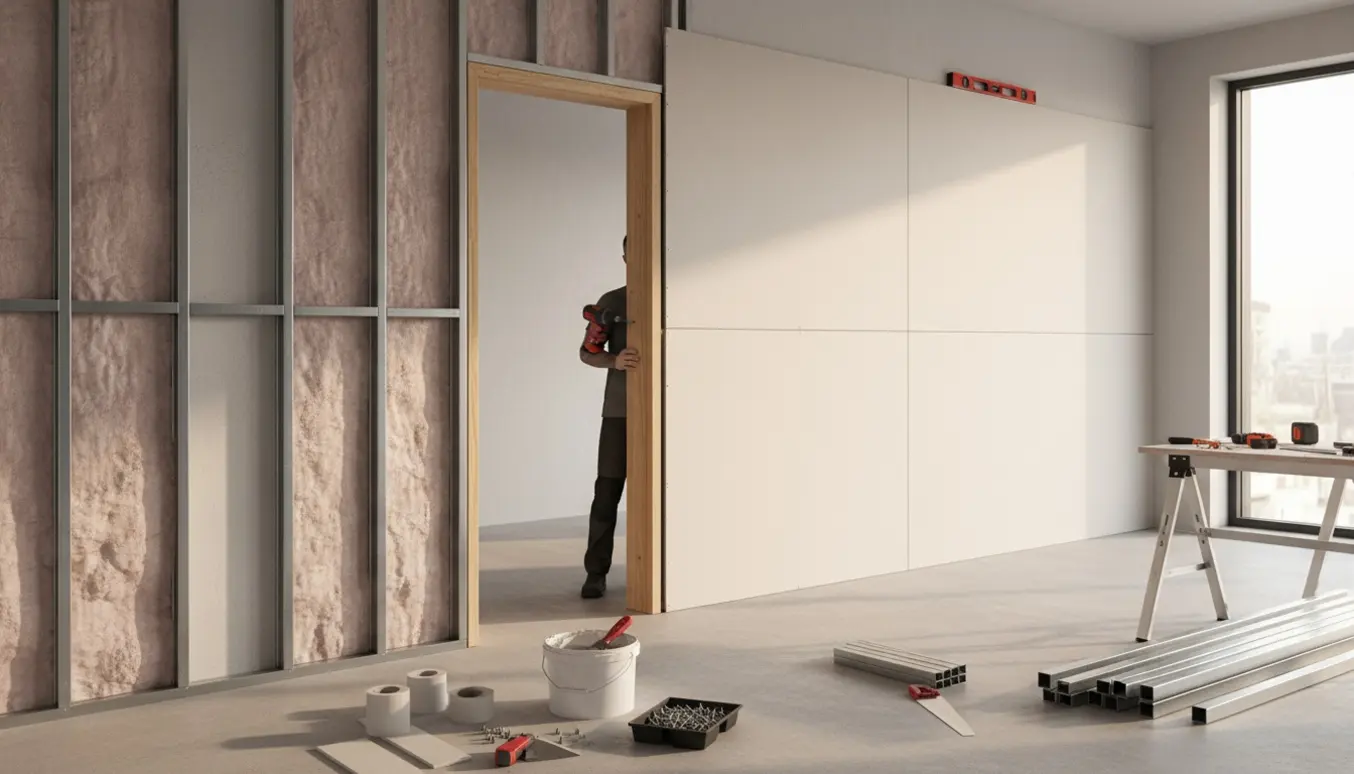 Håndværker monterer en gipsvæg med dørkarm i et rum under renovering, med værktøj og materialer klar.