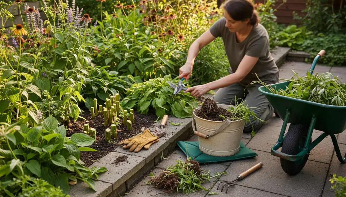 Person beskærer stauder og luger ukrudt ved fliser i en lille have med haveredskaber i forgrunden.