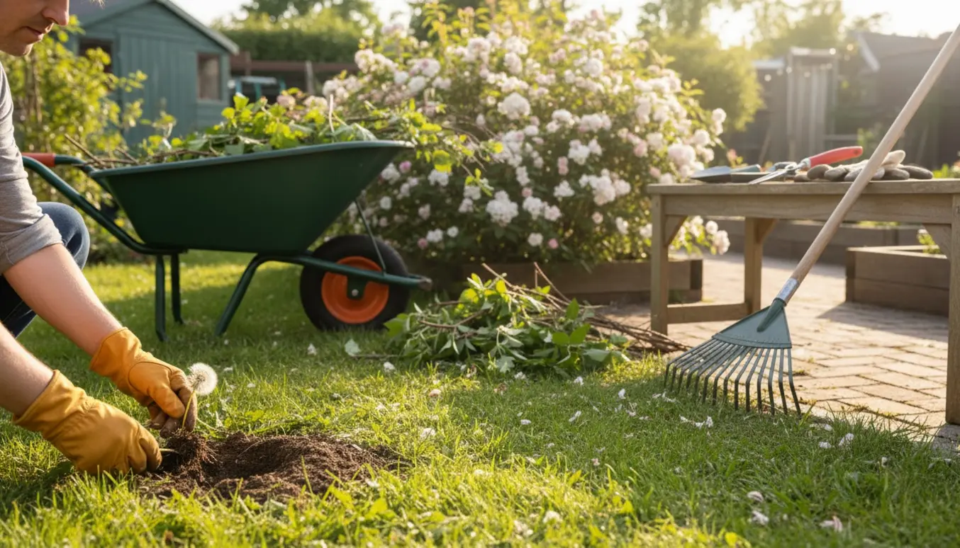 Hænder i havehandsker trækker mælkebøtter op af græsset, mens en beskærer trimmer buske med en trillebør fyldt med afklip i baggrunden.