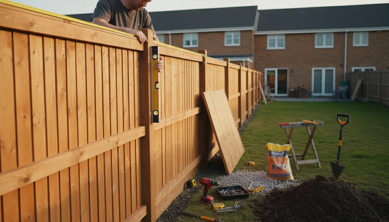 Montage af et 160 cm højt træstakit på ca. 5 meter mellem rækkehuse med værktøj og materialer i forgrunden.