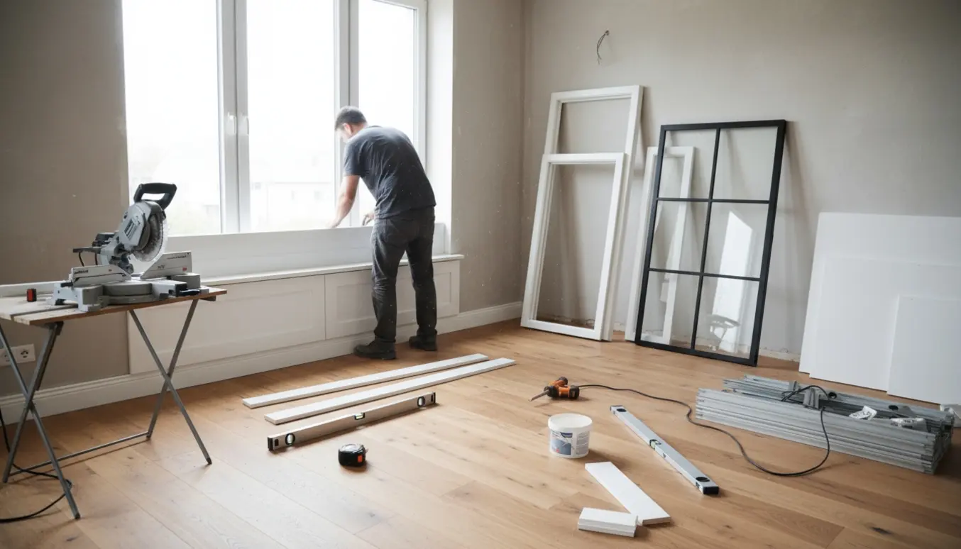 Lejlighed under renovering med håndværker der opsætter fodpaneler og dørkarme, værktøj og materialer i naturligt dagslys.