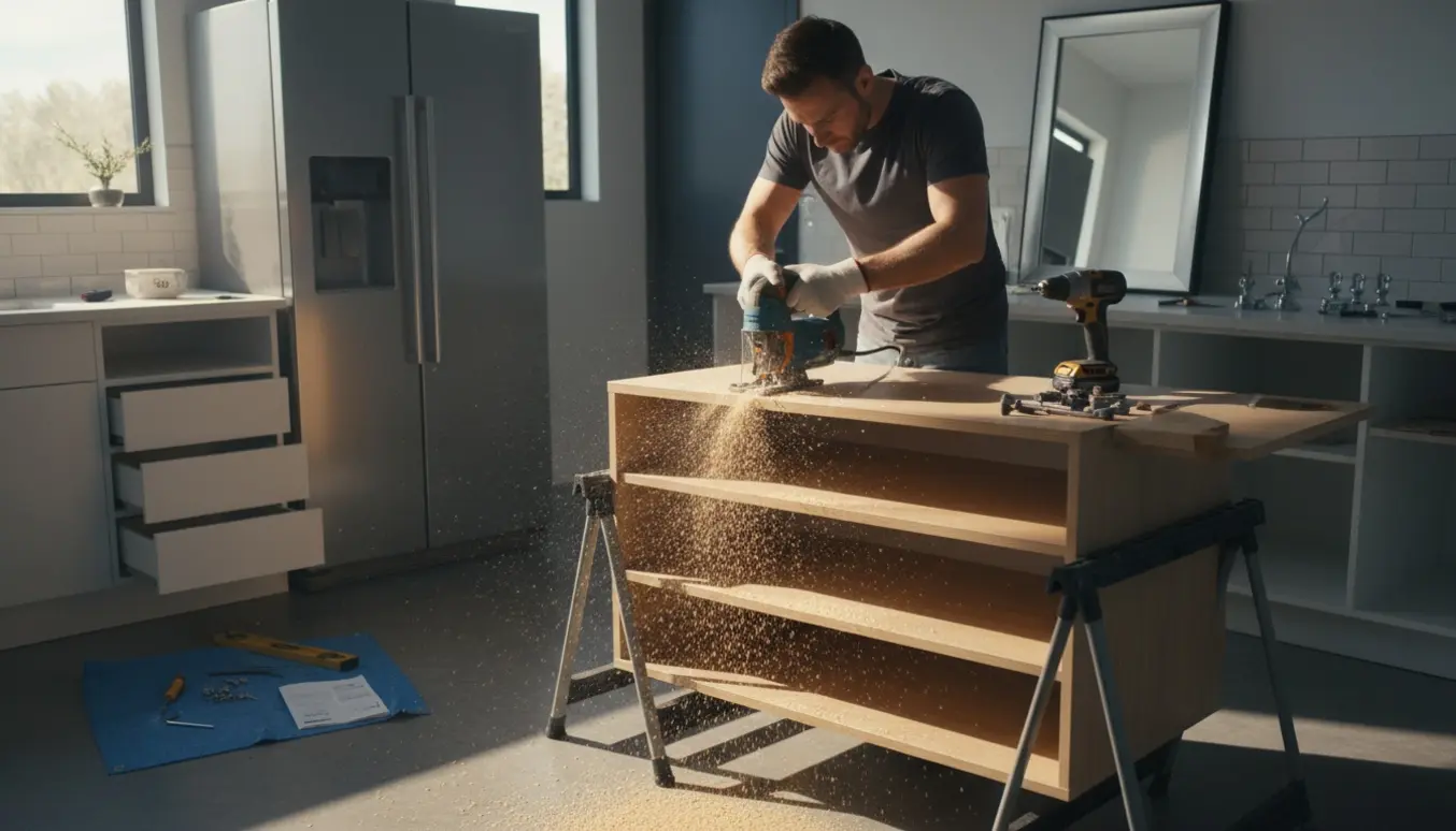 Hænder saver hylder af et træskab på savbuk, et samlet IKEA-skab står ved køleskabet, og værktøj ligger klar til ophængning.