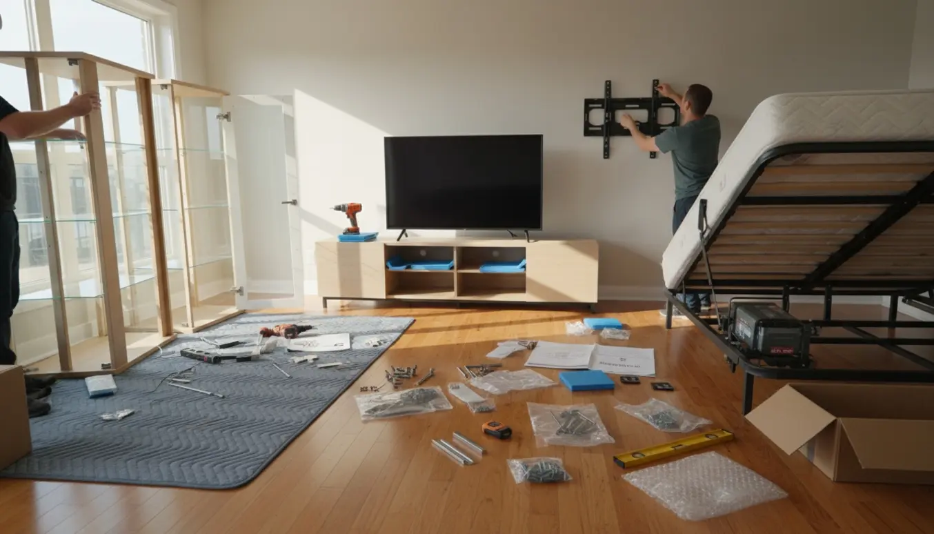 Montagescene med to vitriner, en stor TV-reol og en elevationsseng under samling i et lyst hjem.