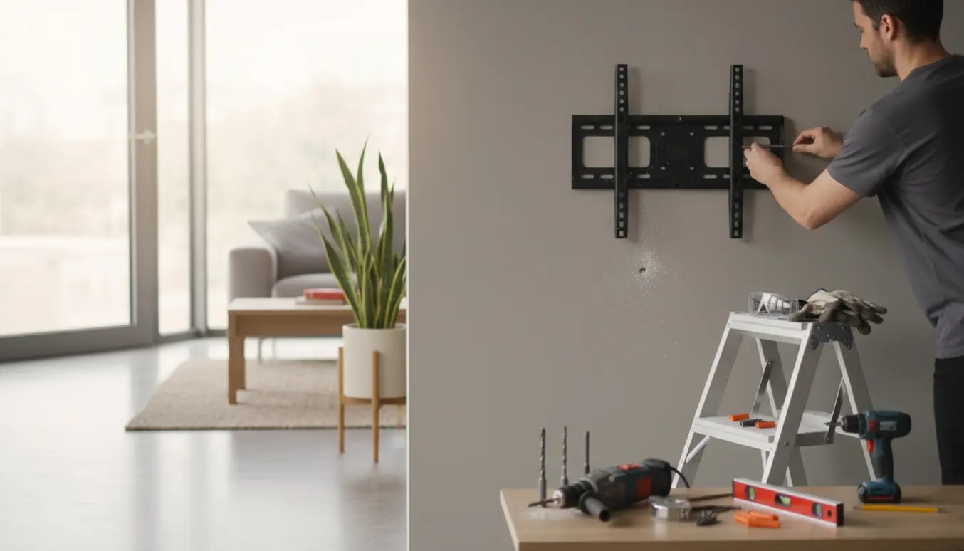 Hænder monterer et TV-ophæng og en lille vægreol med murbor, plugs og værktøj på gulvet i en lys stue.