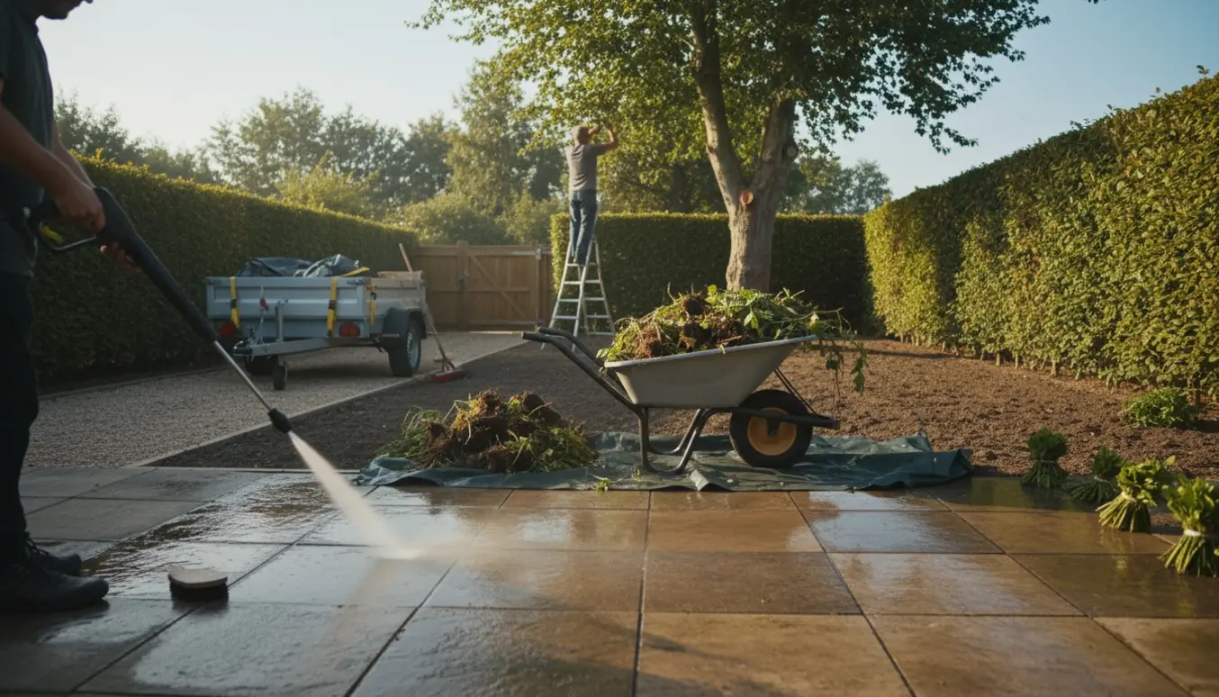 Oversigt over en haveoprydning med rensede fliser, ryddet bed, nyklippet hæk og beskæring af bøgetræ, klar til afhentning med trailer.