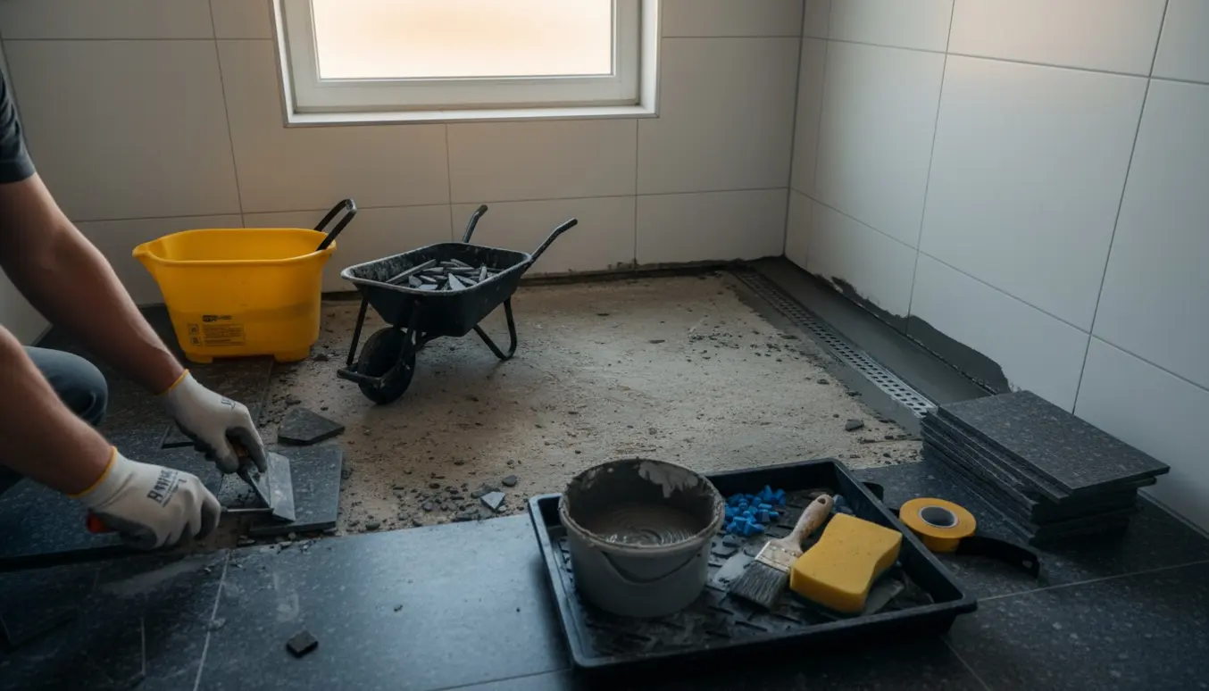 Renovering af brusekabine med fjernede granitgulvfliser og påføring af vådrumsmembran.