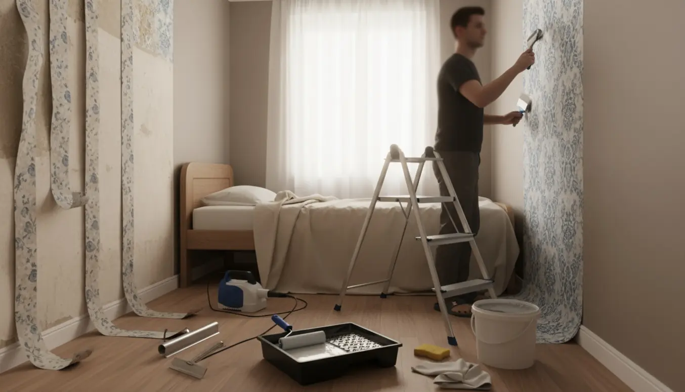 Et lille soveværelse under renovering med en væg halvt afskallet, nyt tapet på vej op og malerredskaber og afdækket seng.