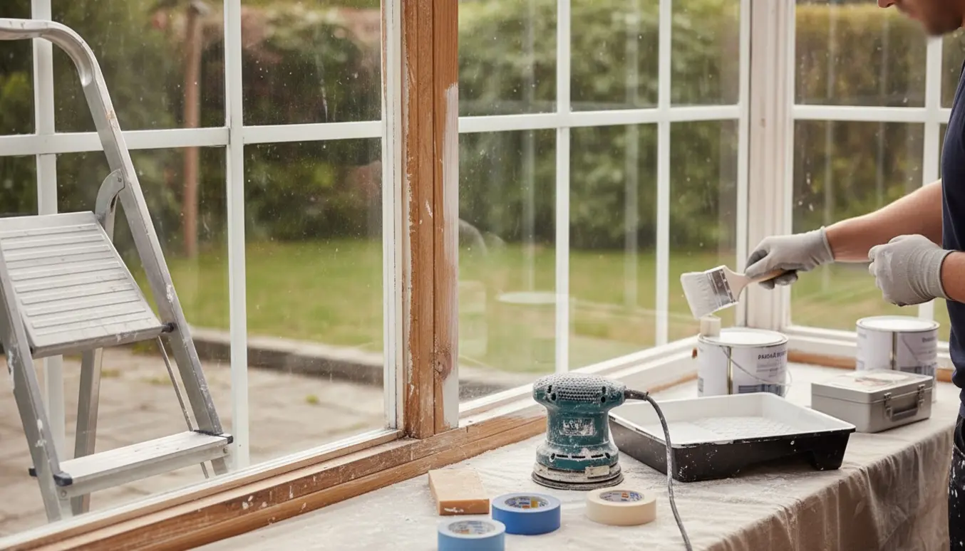 Udestue under renovering med slebet træramme og malergrej i sollys.