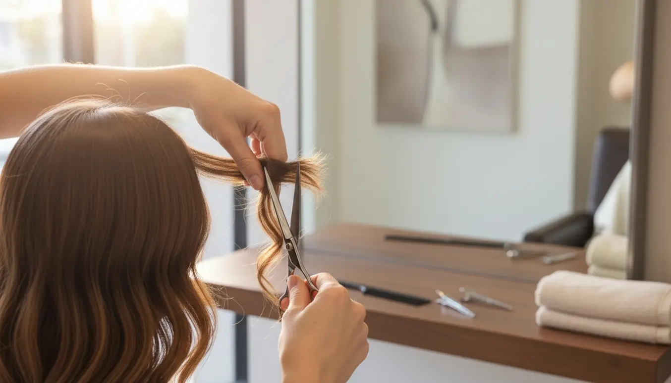 Frisør klipper spidser på langt hår, set bagfra i en lys, moderne salon.