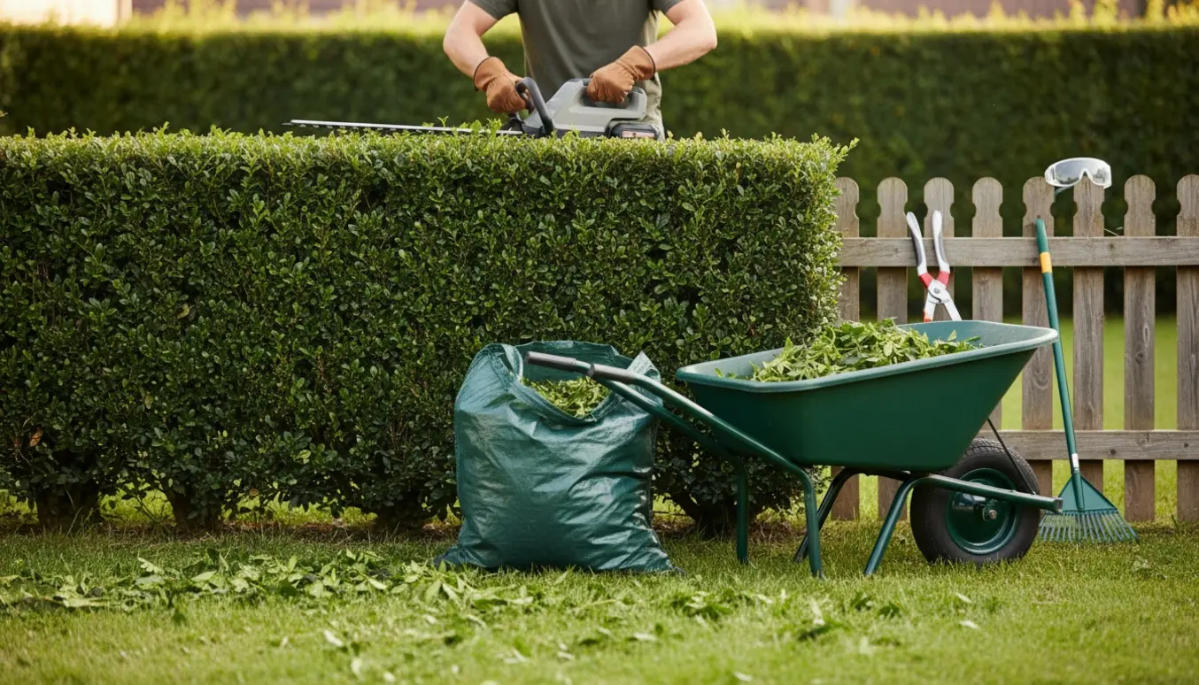 En hækkeklipper i brug foran en nyslået hæk med afklip i en trillebør.