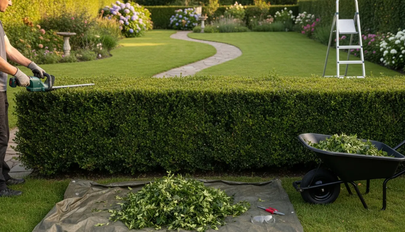 En ligusterhæk bliver beskåret i en lille have med klippeaffald og haveredskaber i forgrunden.