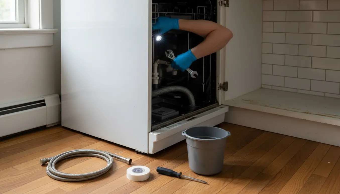 Hænder installerer en ældre opvaskemaskine i et lejlighedskøkken, med åbent skab og værktøj på gulvet.